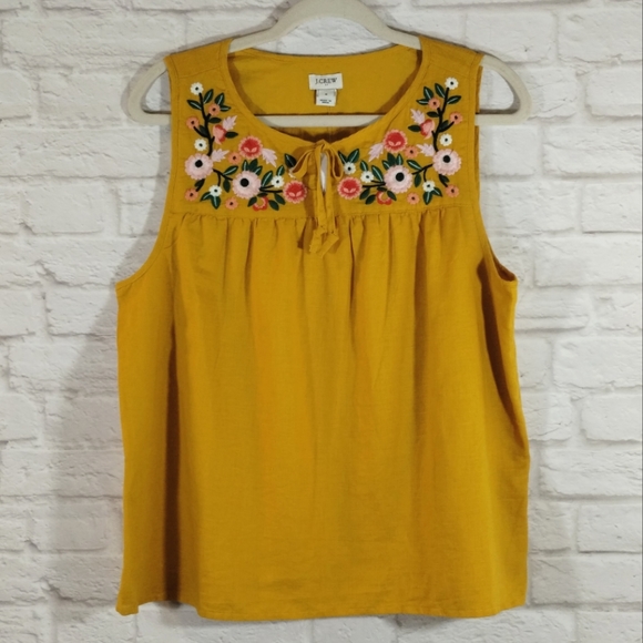 J. Crew Tops - L J.Crew Marigold Yellow Floral Embroidered Tie Neck Linen Blend Tank Top NWT M